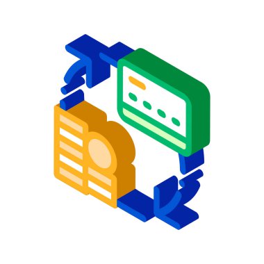 Kart vektör izometrik işaretinde para aktarımı. renk izole edilmiş sembol çizimi