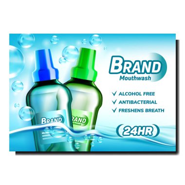 Mouth Wash Yaratıcı Reklam Sancakları Vektörü. Ağız Sıvısı Sıvısı Paketleri, Su Dalgası ve Parlak Reklam Pazarlama Posterindeki Baloncuklar. Renkli Konsept Şablon Çizimi
