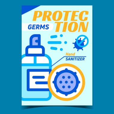Koruyucu Mikroplar Yaratıcı Reklam Sancak Vektörü. Sıvı sabun spreyi muhafazası, el dezenfektanı ve bakteri reklamı posterleri. Renkli Şablon Resimlerini Göster