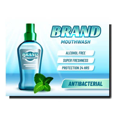 Nane Reklam Posteri Vektörlü Gargara. Ağız gargarası Boş Şişe ve Bitkisel Yeşil Yapraklar Parlak Reklam Pazarlama Sancağında. Diş Koruma Rengi Şablon İllüstrasyonuComment