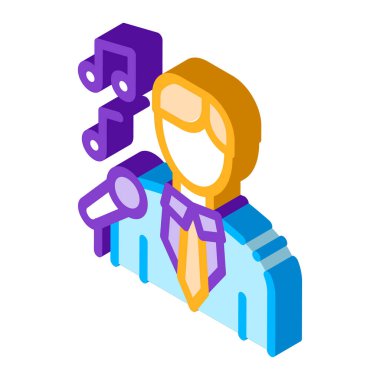 Takım Elbiseli Adam ve Mikrofon Şarkı Söyleyen Vektör İzometrik İşareti. renk izole edilmiş sembol çizimi