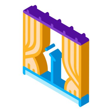 Mikrofon Müzik Elementi vektör izometrik işareti ile Tiyatro Sahnesi. renk izole edilmiş sembol çizimi