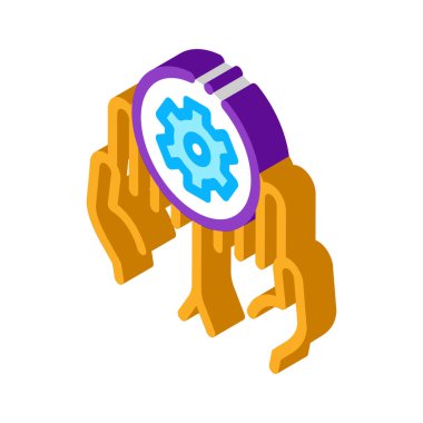 Eller Vites Simgesi Vektörünü Tutsun. Isometric Hands Hold Dişli tabelası. renk izole edilmiş sembol çizimi