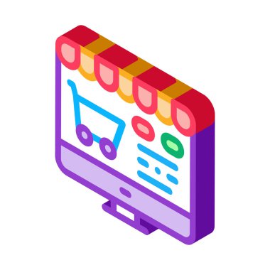 Çevrimiçi Alışveriş Simgesi Vektörü. Isometric Online Alışveriş tabelası. renk izole edilmiş sembol çizimi