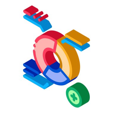 Büyüme Yuvarlak Bilgi Simgesi Vektörü. Isometric İstatistik Analitik Diyagramı ve Metin, artı Mark işareti. renk izole edilmiş sembol çizimi