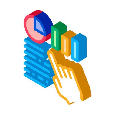 İstatistik Asistanı El Simgesi Vektörü. Isometric Manager Hand, İstatistiksel Bilgiler tabelasına işaret ediyor. renk izole edilmiş sembol çizimi