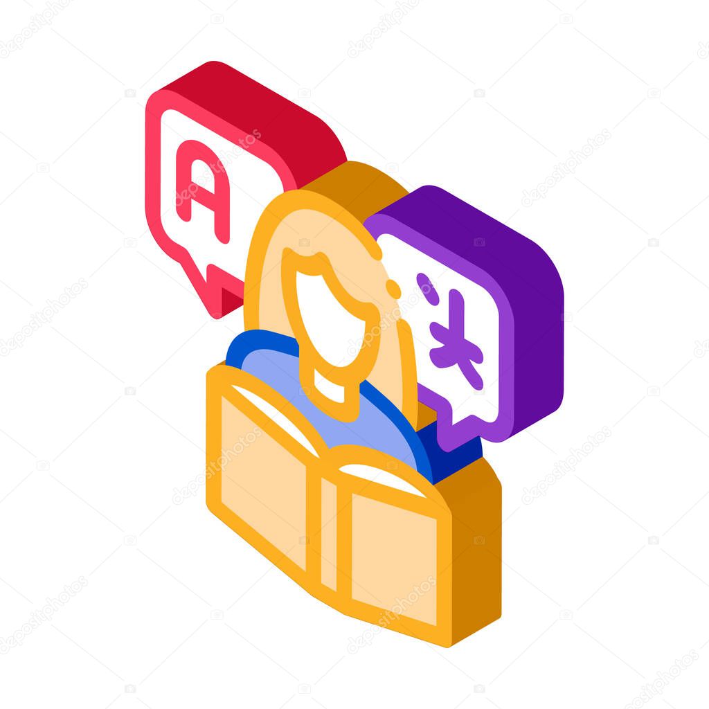 Woman Learning Language Icon Vector. Isometric Girl With Dictionary Reading Book For Study Foreign Language sign. color isolated symbol illustration