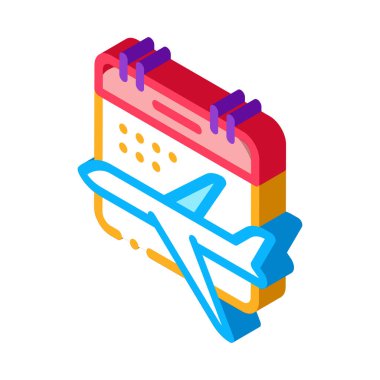 Uçak Uçuşu Takvimi Tarih Simgesi Vektörü. Isometric Uçan Uçak ve Takvim Ayrılış ve Geliş tabelası. renk izole edilmiş sembol çizimi