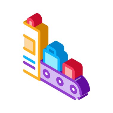 Bagaj Güvenlik Sistemi Simge Vektörü. Yolcu bagaj işaretini kontrol etmek için Isometric Havaalanı X-ray Ekipmanı. renk izole edilmiş sembol çizimi