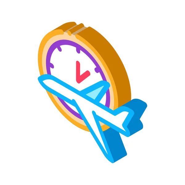 平面飞行时间或延迟Icon向量 等距飞行飞机和时间钟表概念线性象形文字 空中运输机的标志 彩色隔离符号图解 — 图库矢量图片