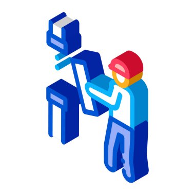 Adam Simge Vektörünü Değiştirir. Isometric Man Boru Değiştirme tabelası. renk izole edilmiş sembol çizimi