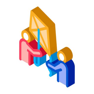 İnsanlar ve uçan uçurtma izometrik ikon vektör çizimi