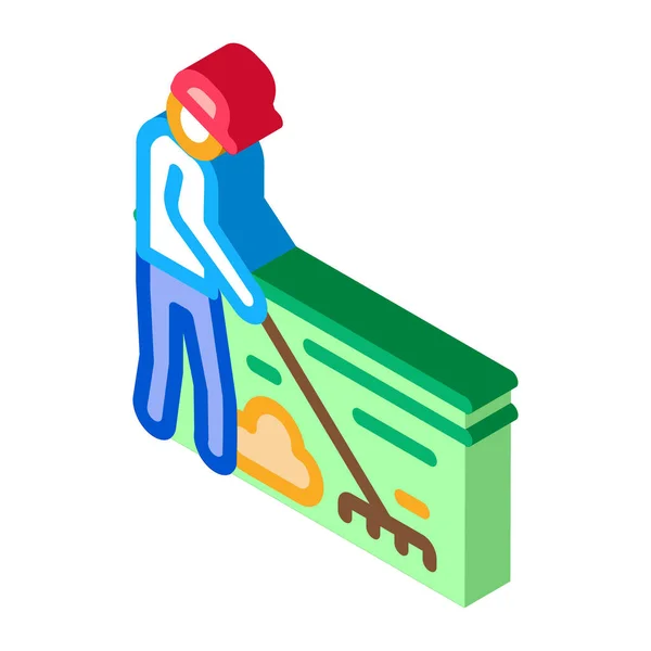 Cleaning man with rake isometric icon vector illustration — Stock Vector