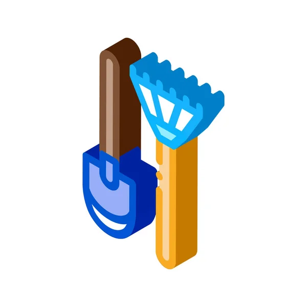 Shovel and rake isometric icon vector illustration — Stock Vector