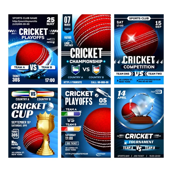 Equipo de Cricket Juego Deportivo Carteles Set Vector — Vector de stock