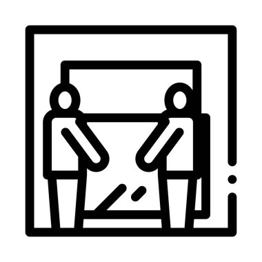 Nakliyeciler cam simge vektörünü tutarlar. Nakliyeciler cam levha taşır. izole edilmiş sınır sembolü çizimi