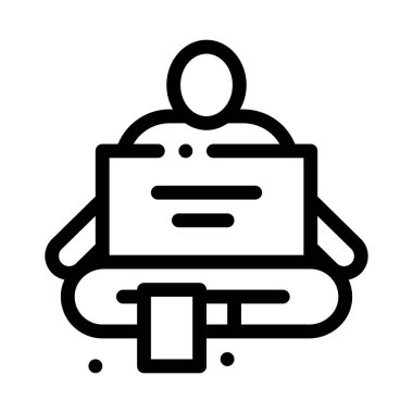 İsim plakalı evsiz, yardımcı ikon vektörü. Elinde isim levhası olan evsiz yardım işareti ile oturuyor. izole edilmiş sınır sembolü çizimi