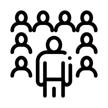 Seyirci simgesi vektörünün önünde duran hoparlör. Konuşmacı seyircinin önünde duruyor. izole edilmiş sınır sembolü çizimi