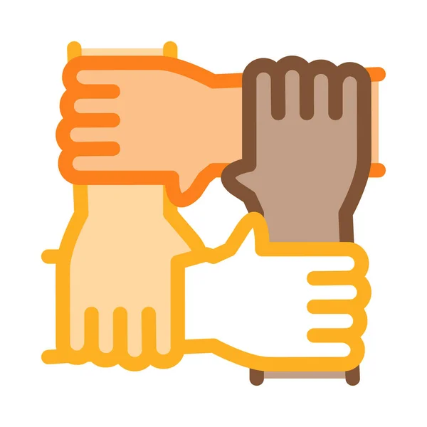 アイコンベクトルを保持する多人種集団 多人種グループの手がサインを持ってる カラーシンボルイラスト — ストックベクタ