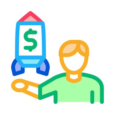 İnsan gösterisi para roket ikonu vektörü. İnsan gösterisi para roketi işareti. renk sembolü çizimi