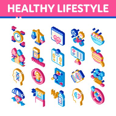 Sağlıklı Yaşam Tarzı Simgeleri Ayarlama Vektörü. Sağlıklı Isome tabağı, vitamin hapları, spor ve yürüyüş, alkol ve sigara içilmeyen dergiler.
