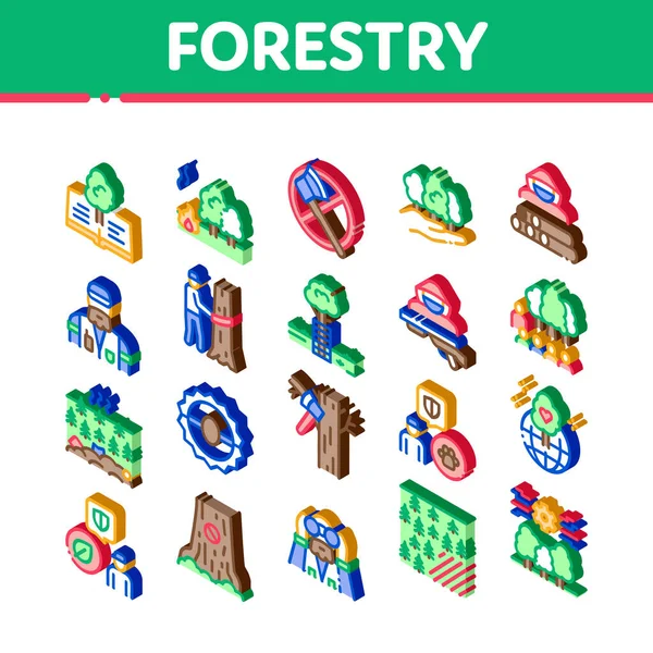 Conjunto Iconos Madera Forestal Vector Equipo Trabajo Forestal Isométrico Valla — Vector de stock