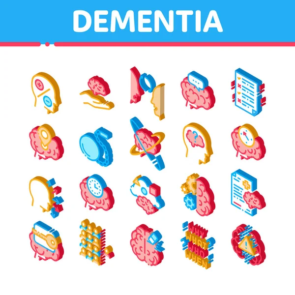 Icone Della Malattia Cerebrale Demenza Set Vettoriale Isometrica Demenza Mente — Vettoriale Stock