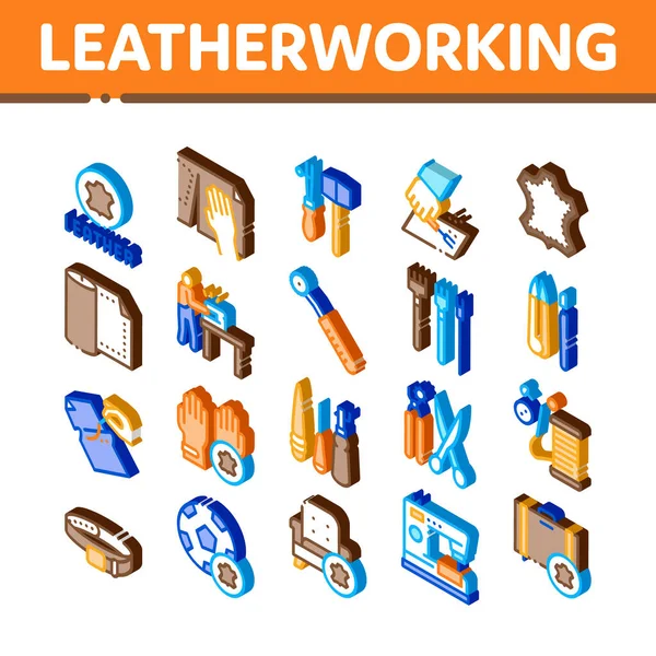 Leatherworking Jobアイコンセットベクトル アイソメトリックレザワーキング材料と機器 カット革と労働者のための楽器 ボールとベルトイラスト — ストックベクタ