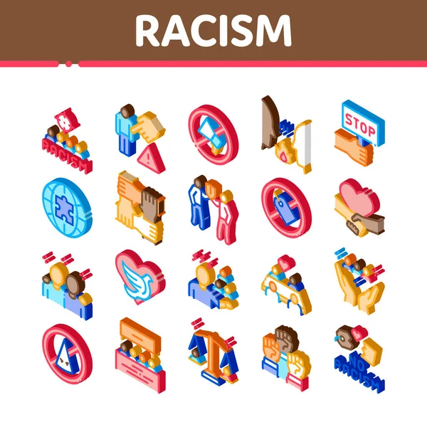 Racism Discrimination Icons Set Vector Isometric Stop Racism Nameplate Label — Stock Vector