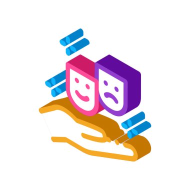 Eldeki ikon vektöründe neşe ve üzüntü maskeleri. El işaretinde neşe ve üzüntünün izometrik maskeleri. renk izole edilmiş sembol çizimi