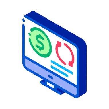 Bilgisayar kipi simge vektöründeki parayı yeniden finanse et. Bilgisayar kipinde izometrik yeniden finanse edilen para. renk izole edilmiş sembol çizimi