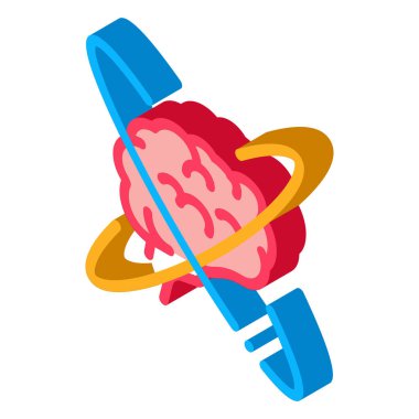 Atom simgesi vektörünün merkezinde beyin. Atom işaretinin merkezinde izometrik beyin var. renk izole edilmiş sembol çizimi