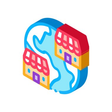 Dünya konum ikon vektörünü franchise edin. İzometrik imtiyazlı dünya konum işareti. renk izole edilmiş sembol çizimi