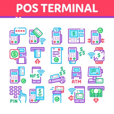 Pos Terminal Aygıt Koleksiyon Simgeleri Vektörü Ayarla. Banka Terminali ve ATM, Smartphone NFC Ödeme Sistemi Uygulaması ve Pin Kod ve Para Konsepti Çizgisel Piktogramları İzleyin. Renk Resimleri