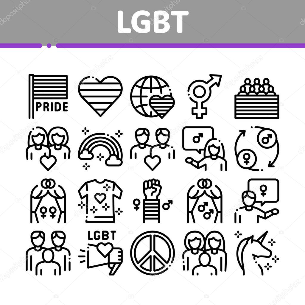 Lgbt Homosexual Gay Collection Icons Set Vector. Lgbt Community And Flag, Unicorn And Rainbow, Love Freedom And Marriage Concept Linear Pictograms. Monochrome Contour Illustrations