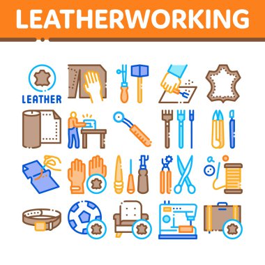 Leatherworking Job Collection Simgeleri Vektörü Ayarladı. Leatherworking Material and Cihazlar, Kesik Deri ve İşçi Aracı, Top ve Kuşak Çizgisel Piktogramlar. Renk Resimleri