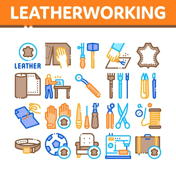 Leatherworking Job Collection Icons Set Vector Leatherworking Material Equipment Instrument — Stock Vector