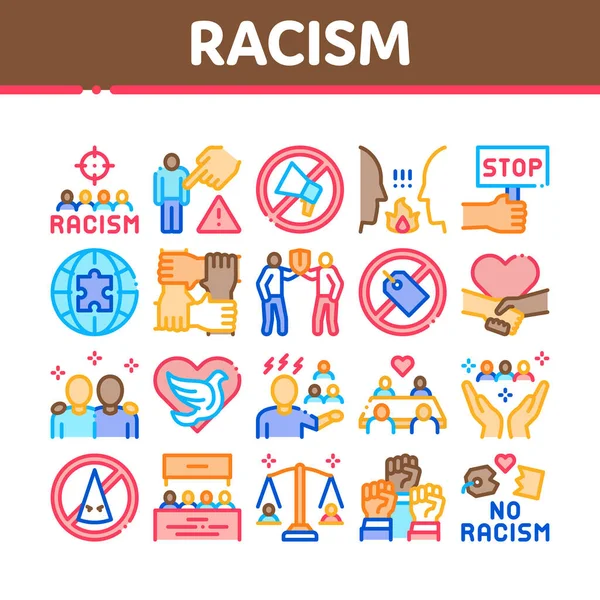 Racismo Discriminación Colección Iconos Set Vector Stop Racism Nameplate Label — Archivo Imágenes Vectoriales