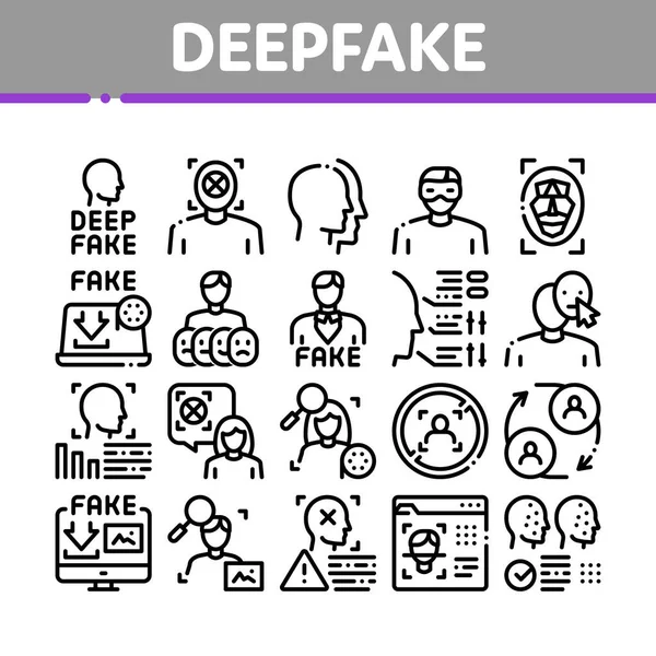 Deepfake Face Fake Collection Ícones Set Vector Pesquisa Mudança Rosto — Vetor de Stock