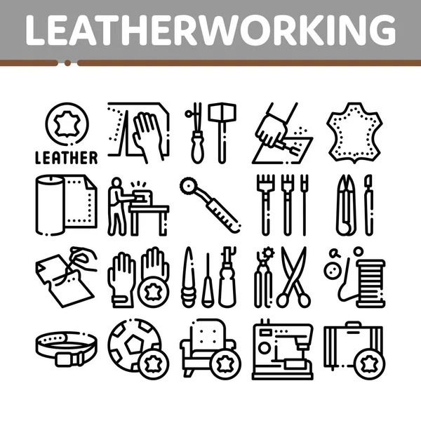 Leatherworking Job Collection Ikony Zestaw Wektor Materiał Sprzęt Obróbki Skóry — Wektor stockowy
