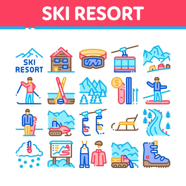 Ski Resort Vacation Collection Ikony Set Vector Lyžařská Dráha Boty — Stockový vektor