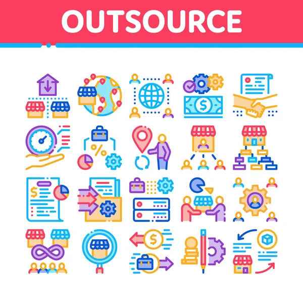 Outsource Management Collection Ikoner Set Vector Outsource Team Och World — Stock vektor