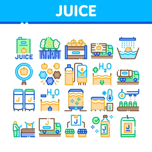 Juice Production Plant Collection Ikonok Beállítása Vektor Gyümölcslé Palack Gyümölcs — Stock Vector