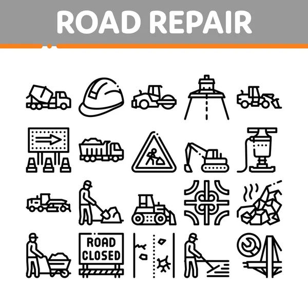 道路の修復と建設のアイコンセットベクトル 道路の修理とメンテナンス機器 ビルダーはヘルメットとカート ブルドーザーとトラックのコンセプトリニアピクトグラムを保護します モノクローム イラスト モノクロームコンタクト — ストックベクタ