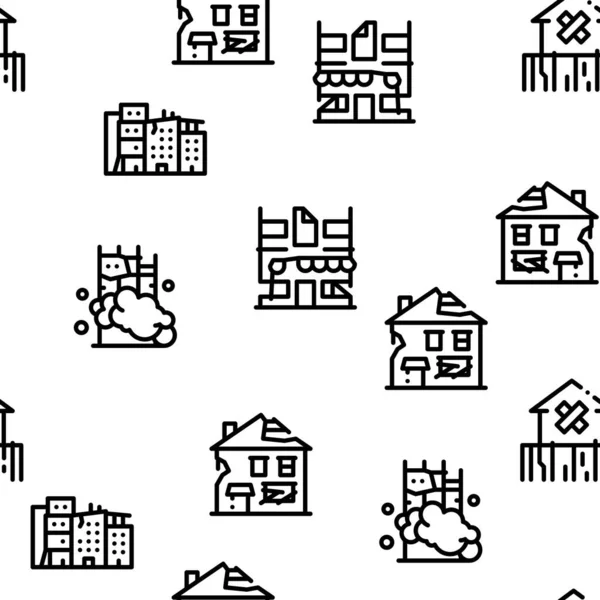 Broken House Building Seamless Pattern Vector Thin Line Iconografías — Archivo Imágenes Vectoriales