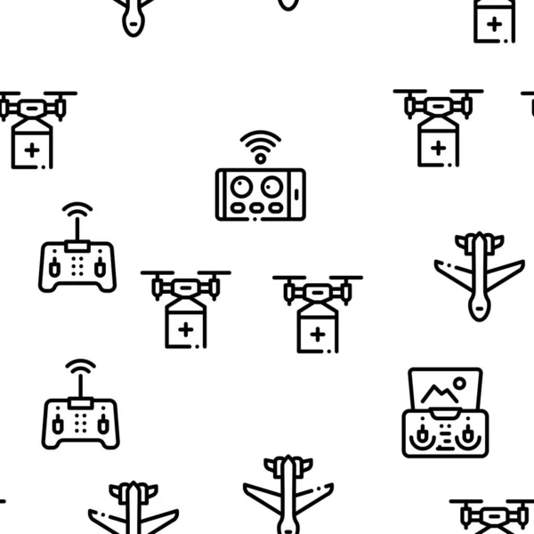 Drone Fly Quadrocopter Seamless Pattern Vector Thin Line Illustrazioni — Vettoriale Stock