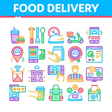 Yiyecek Teslimat Servisi Toplama Simgeleri Vektörü Ayarla. Yemek dağıtım elemanı ve motosiklet, çevrimiçi sipariş ve telefon uygulaması, Utensil ve Beslenme Konsepti doğrusal Pictogram. Renk Katılımı Resimleri
