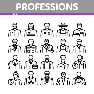 Meslekler Toplama Simgeleri Vektörü Belirledi. Polis ve Çiftçi, İtfaiyeci ve Asker, İşadamı ve İş Kadını, Barmen ve İnşaatçı Doğrusal Piktogramlar. Contour Illustrations