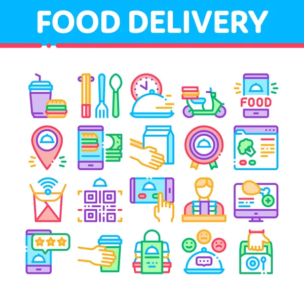 Food Delivery Service Collection Ikony Zestaw Wektor Dostawca Żywności Chłopiec — Wektor stockowy