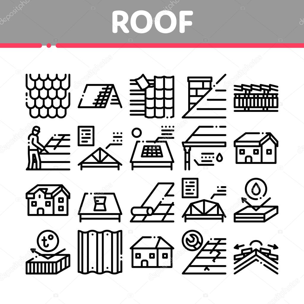 Roof Housetop Material Collection Icons Set Vector. House Roof Waterproof And Temperature Heat Resistant Construction, Repair And Installation Concept Linear Pictograms. Contour Illustrations